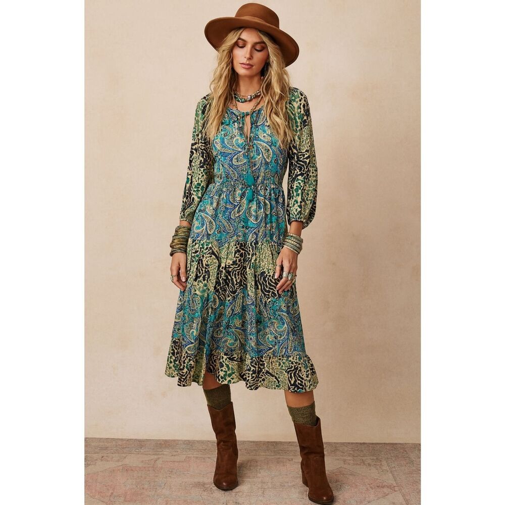 Umgee NWT Boutique Gypsy Boho Floral Paisley Print Dress L
